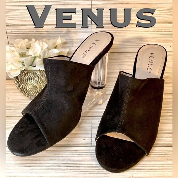 Venus Black Faux Suede Transparent  Round Slip on Heels S:9 - Picture 1 of 8
